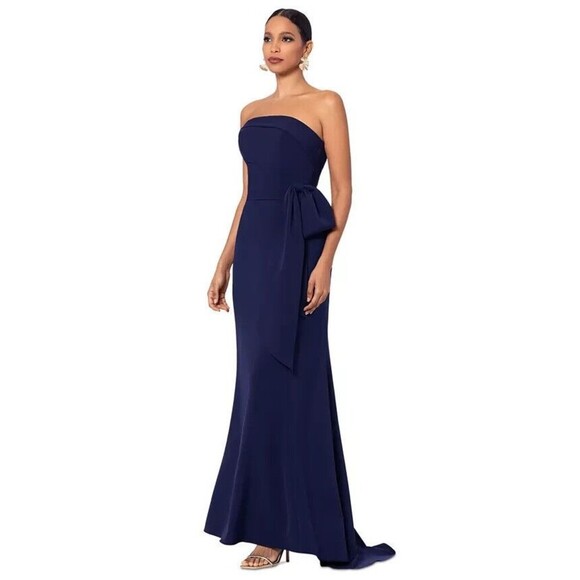 Betsy & Adam Women's Faux-Wrap Strapless Gown Floor-length formal dress Navy 6 - Picture 2 of 11